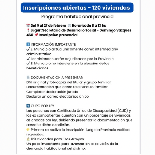 Comienza la Inscripción definitiva a las 120 viviendas del Instituto de la Vivienda de la Provincia