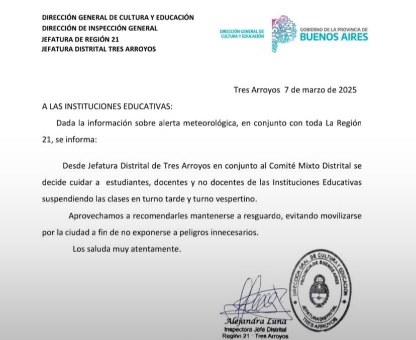Se suspenden las clases en Tres Arroyos por alerta meteorol&oacute;gica 