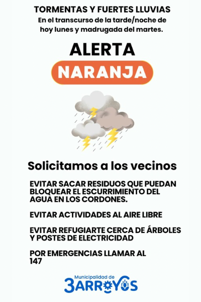 Alerta naranja por tormentas y lluvias intensas 