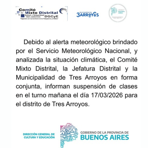 Suspenden las clases del turno ma&ntilde;ana en Tres Arroyos por alerta meteorol&oacute;gico