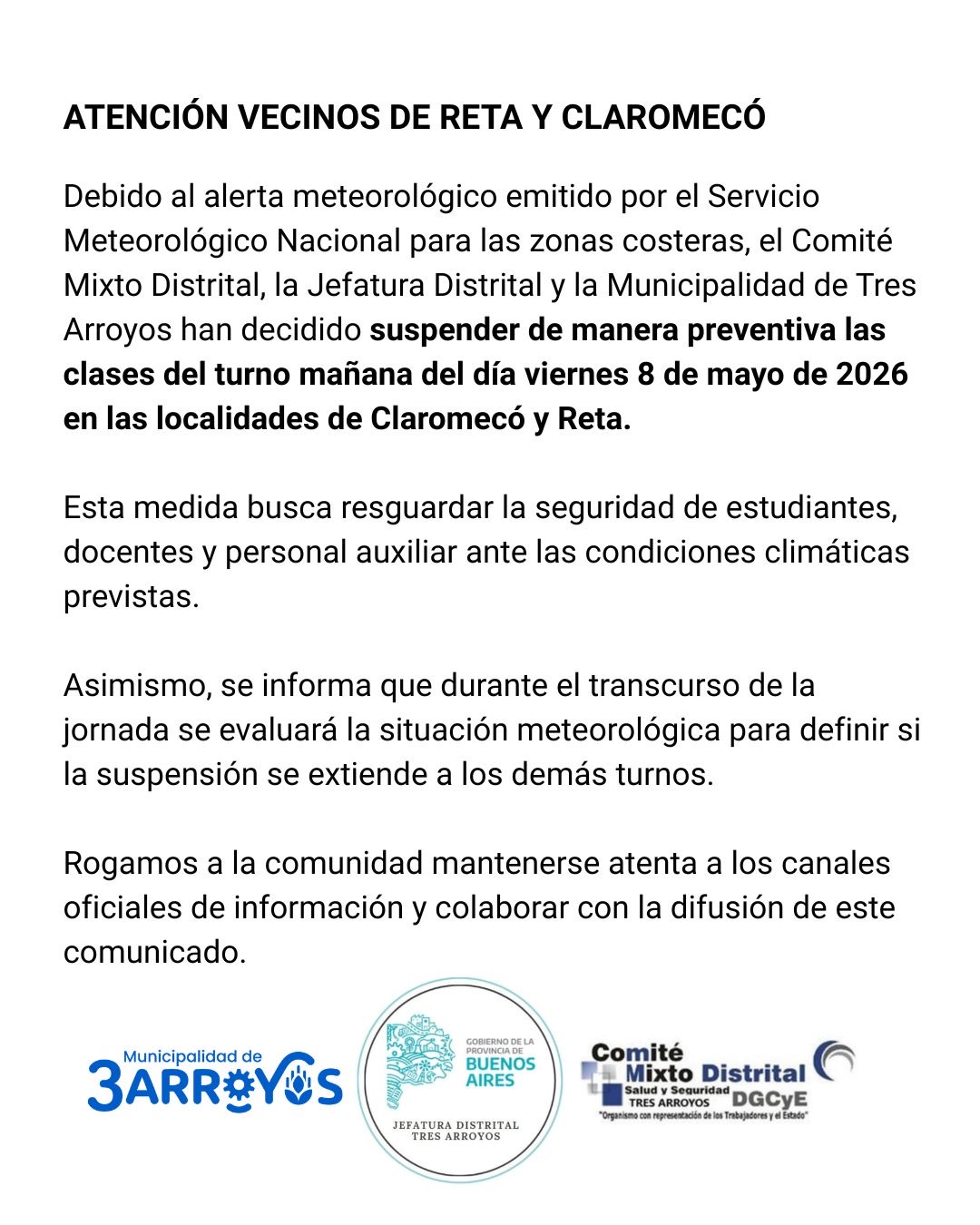 Suspenden las clases del turno ma&ntilde;ana en Claromec&oacute; y Reta por alerta meteorol&oacute;gico