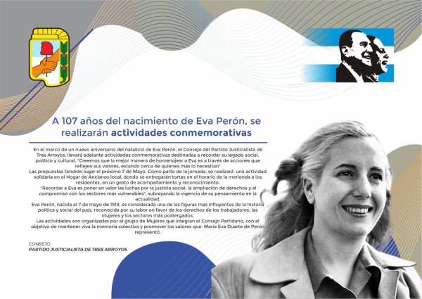 A 107 a&ntilde;os del nacimiento de Eva Per&oacute;n, el Partido Justicialista de Tres Arroyos realizar&aacute; actividades conmemorativas