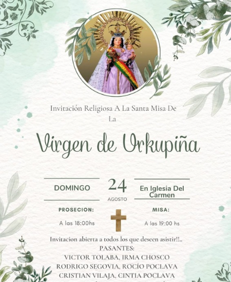 Invitan a la comunidad a la misa en honor a la Virgen de Urkupiña