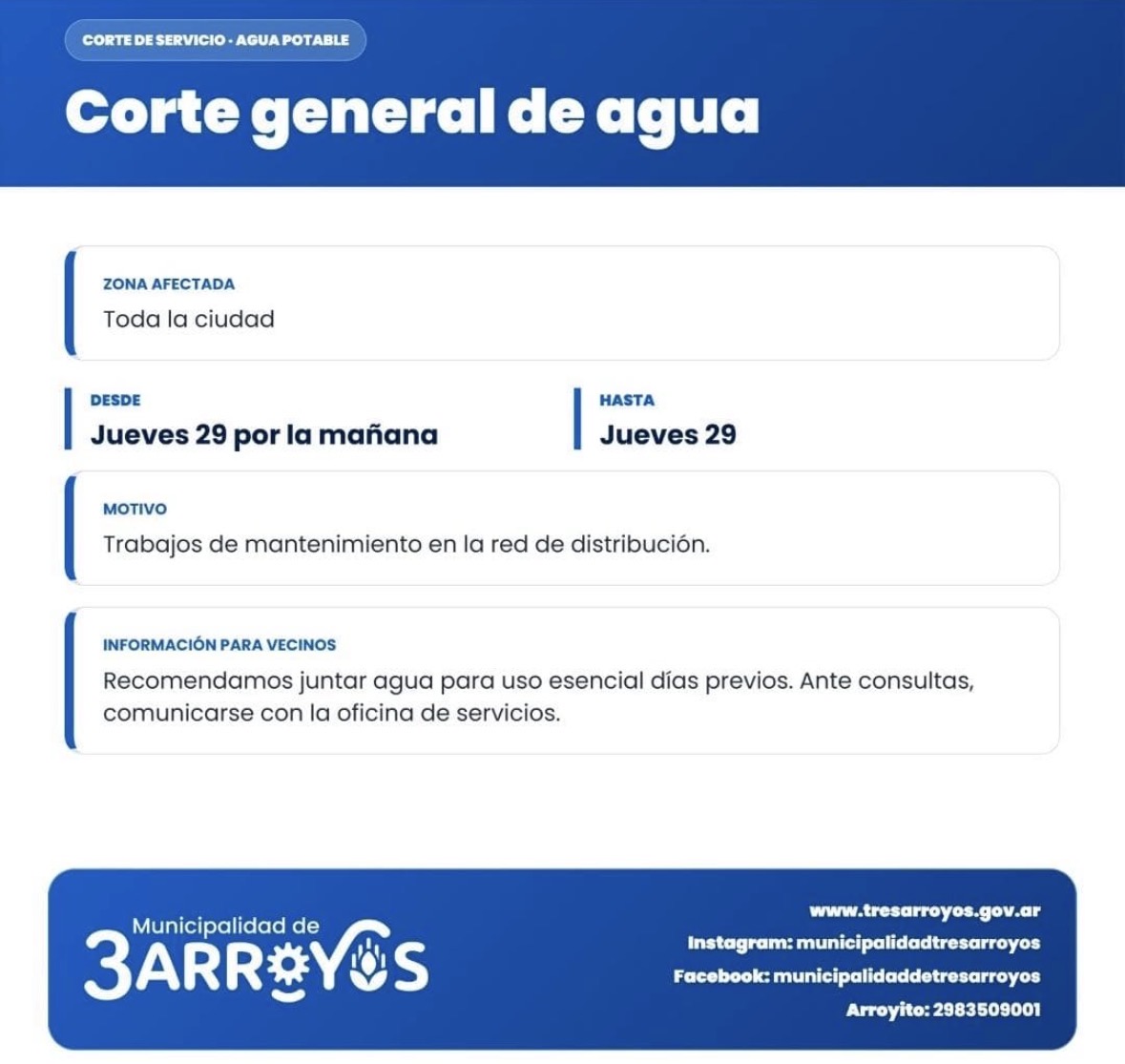 Corte general de agua este jueves en Tres Arroyos