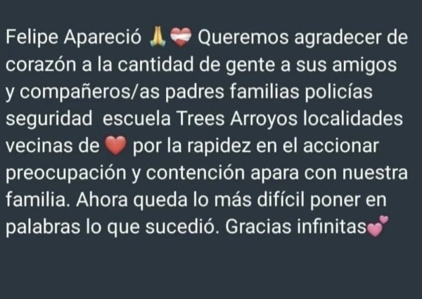 Felipe apareci&oacute;: la familia agradeci&oacute; la ayuda de toda la comunidad